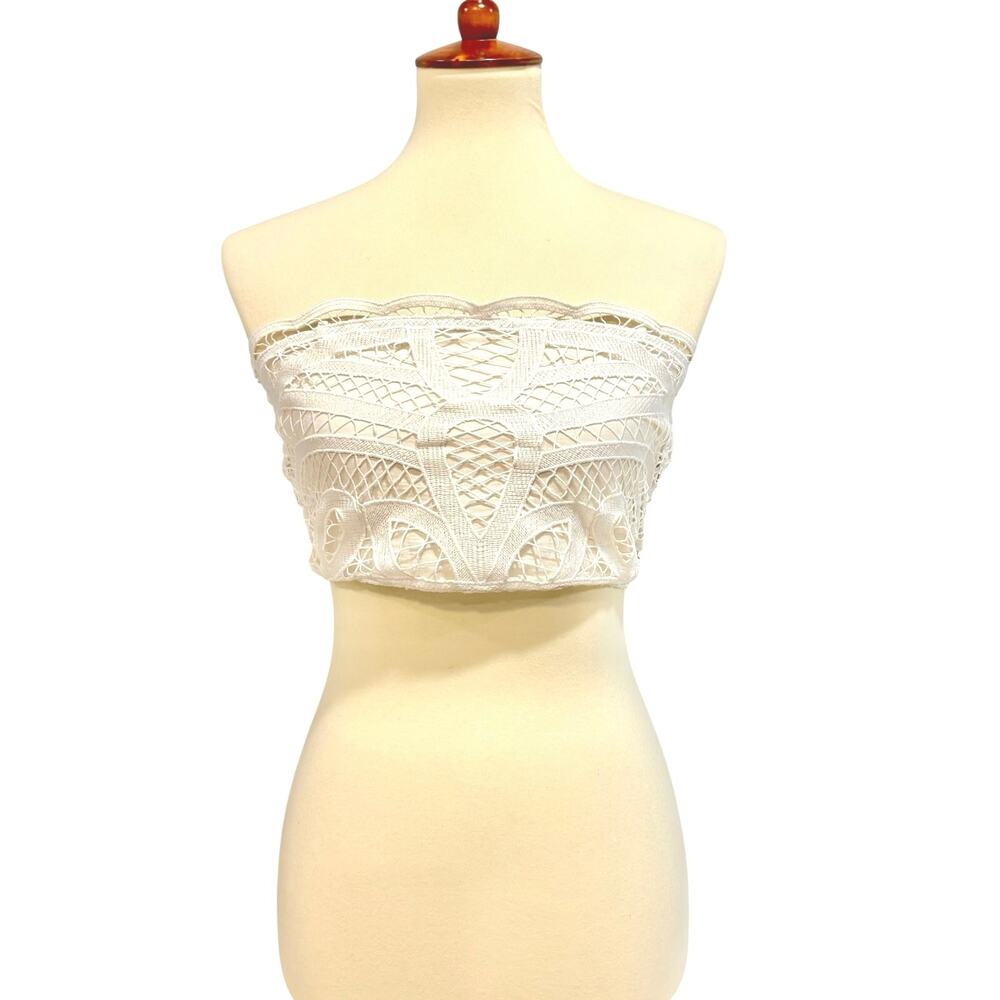 Boho Cream Lace Crochet Strapless Bandeau Crop Top Festival Cottagecore Small